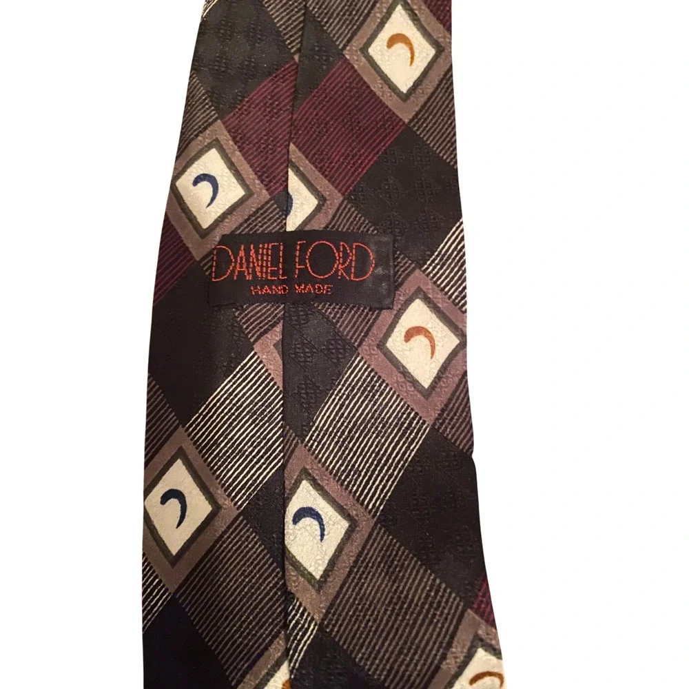 Daniel Ford Mens Geometric Patchwork Necktie Burgundy Black Grey Handmade‎ Tie